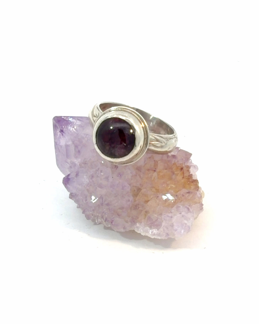 Natural deep red Tourmaline bezel set sterling silver ring with engraved vintage-style band, size 6.