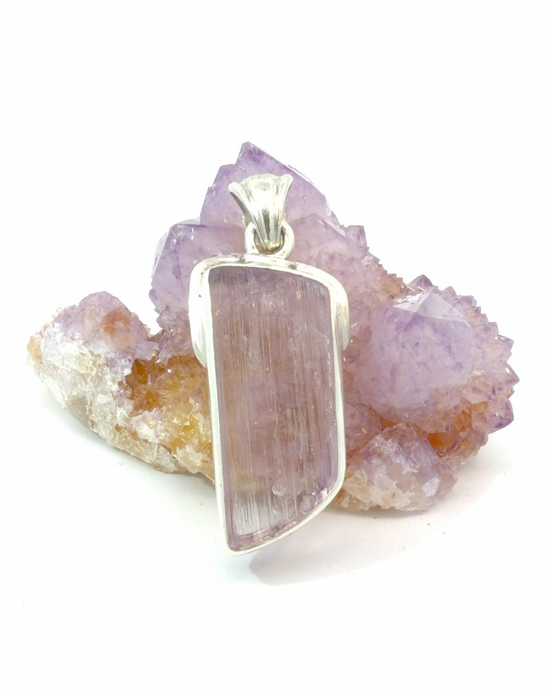 Natural Kunzite Crystal Slice Pendant in Silver