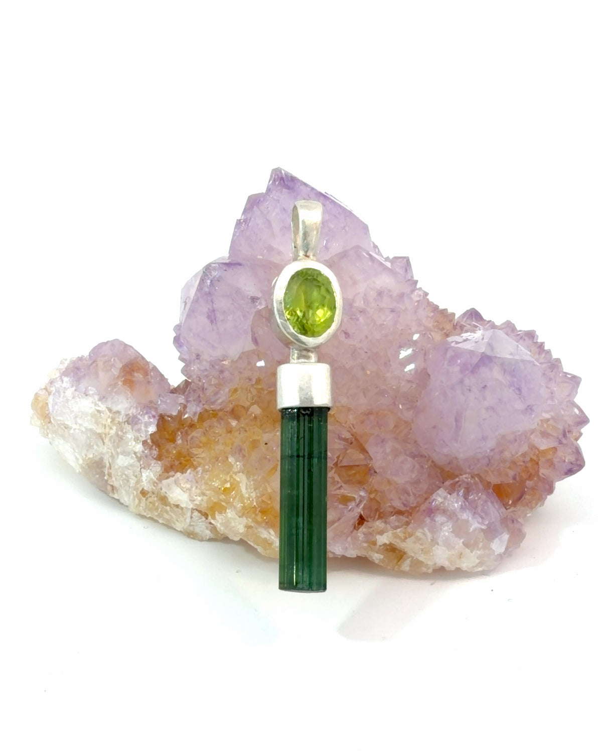 Green Tourmaline Crystal and Oval Peridot Silver Pendant