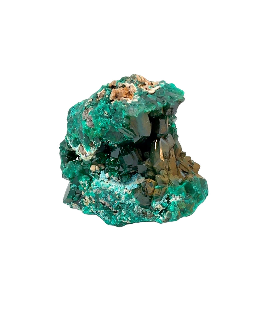Natural emerald-green Dioptase crystal specimen with dark crystalline formations on a raw mineral matrix, 124.1 grams