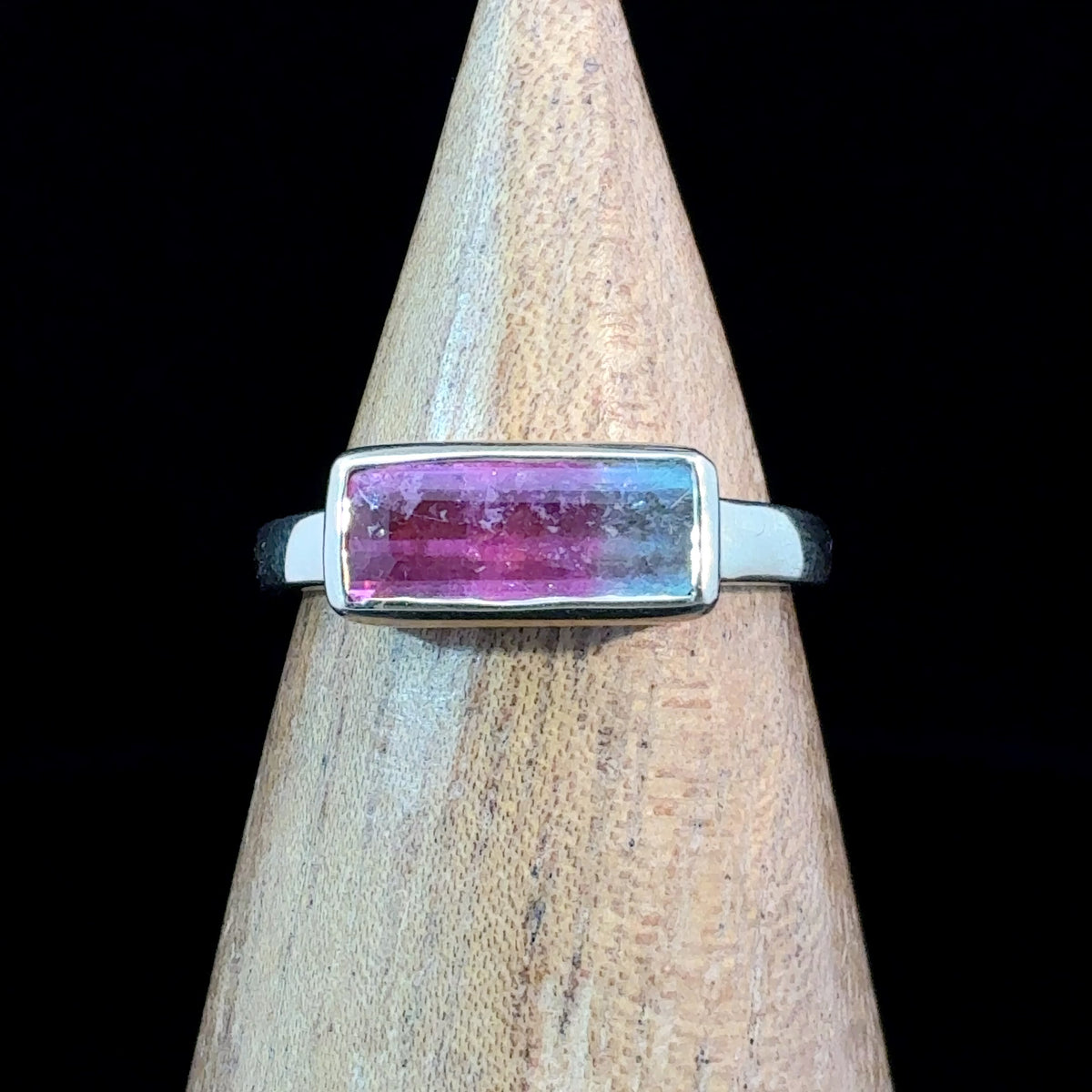 Natural bi-color pink and green tourmaline ring in solid 14K gold, rectangular gemstone, size 7.5 fine jewelry.
