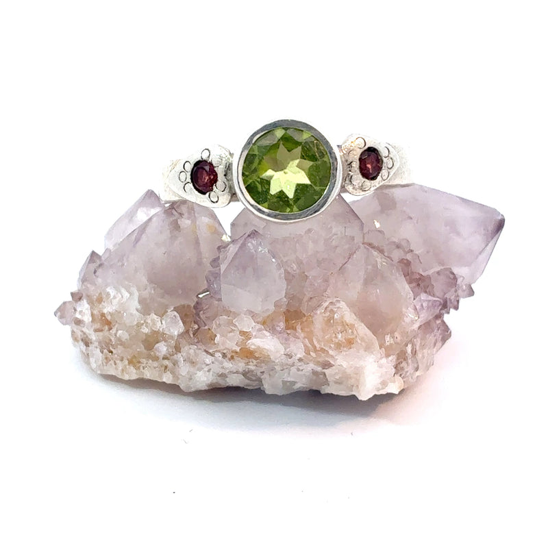 Natural Peridot and Garnet Statement Ring | Handmade Sterling Silver, Size 10