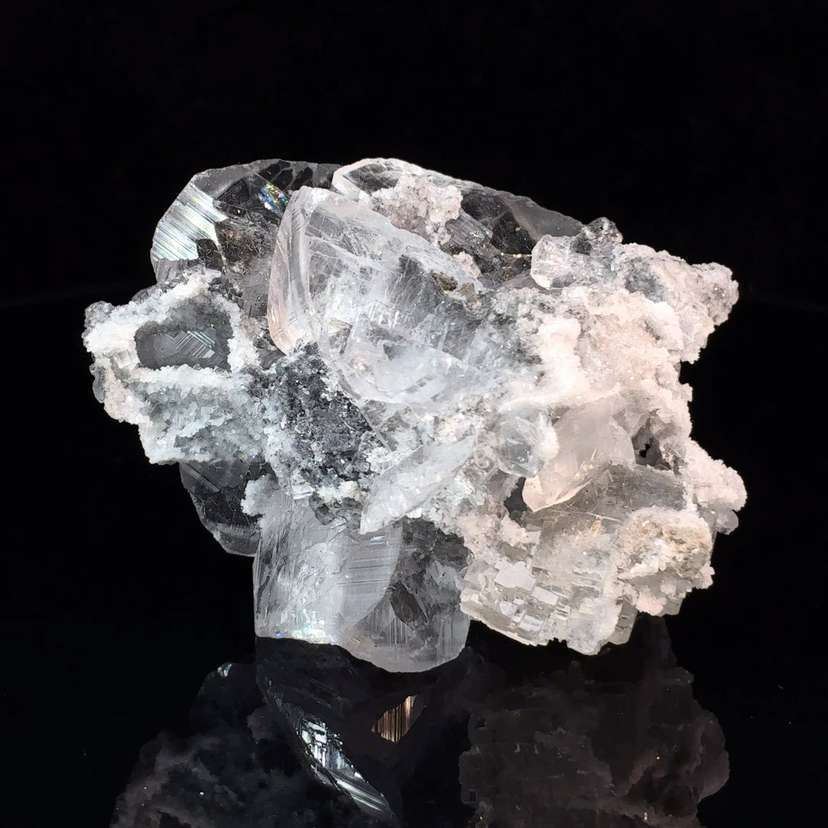 Natural calcite, etched fluorite, and druzy quartz mineral specimen from Mongolia, 53.2 grams