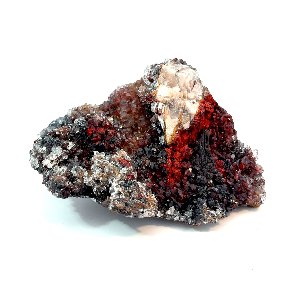 Natural druzy quartz on red manganese mineral specimen, 256.9 grams, measuring 91 x 78 x 36 mm