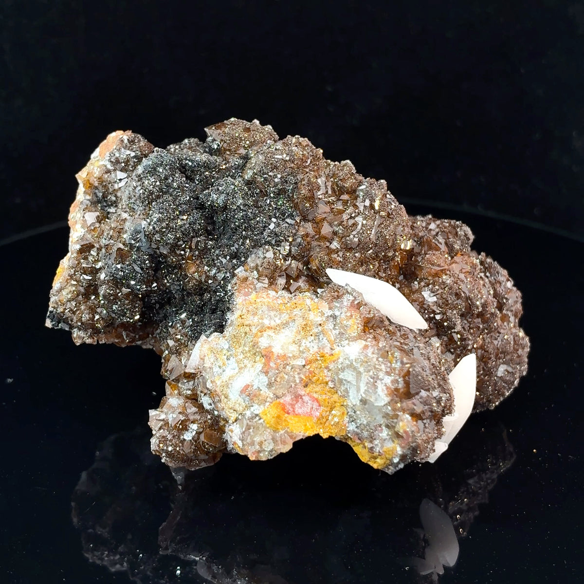 Natural druzy quartz with dogtooth calcite crystals on manganese-bearing matrix from Morocco, 165.8 gram mineral specimen