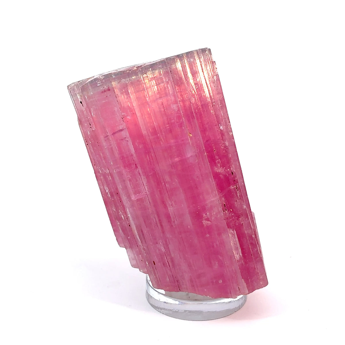 Large natural bright pink tourmaline crystal with light purple color zoning at the termination, 115 grams