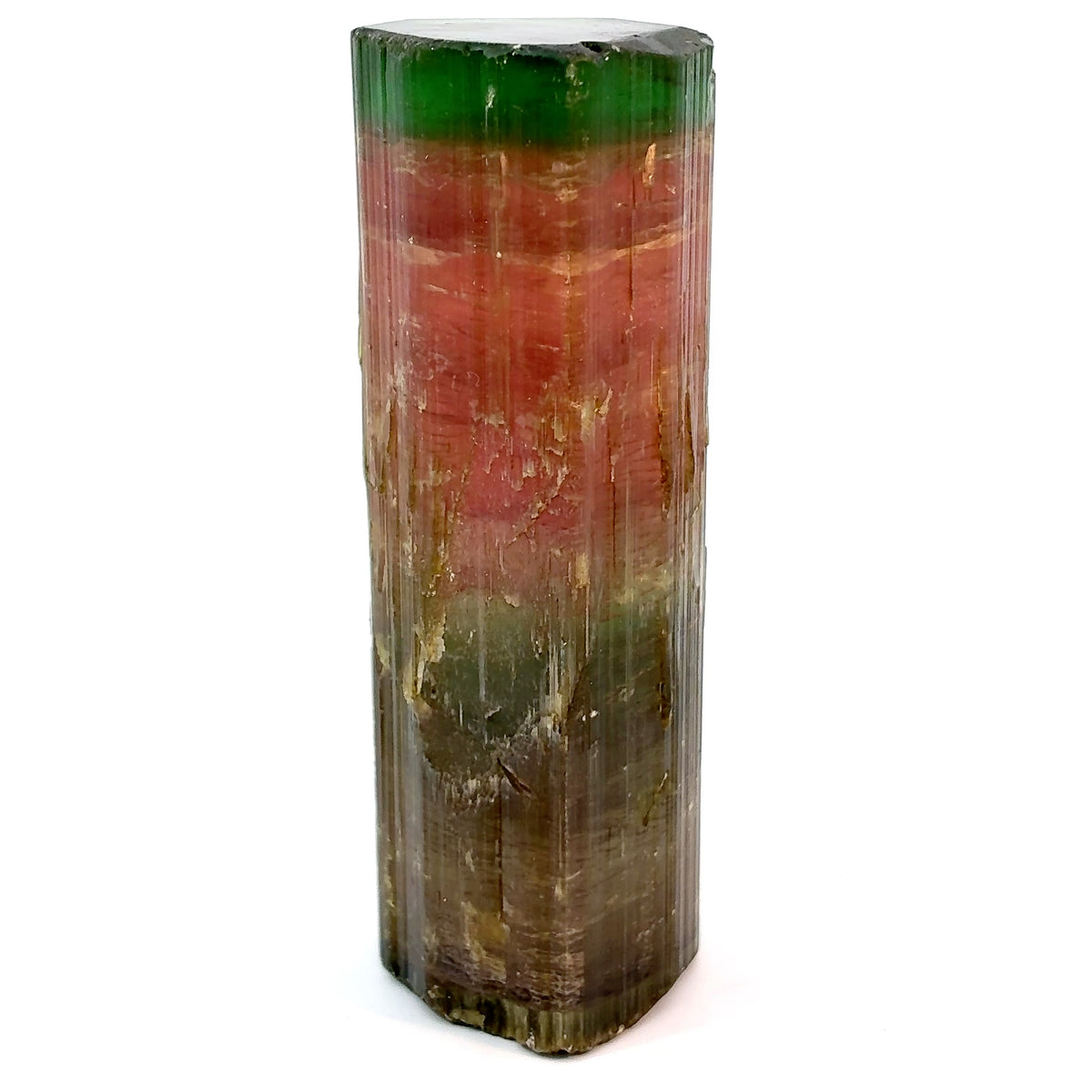 Large multicolor tourmaline crystal from the Himalaya Mine in California with brown, green, blue, pink, red, and bright green cap