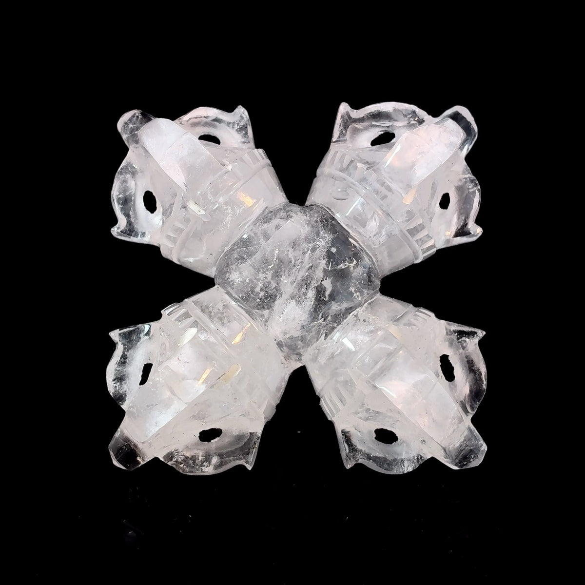 Hand-carved Clear Quartz Double Dorje Vishvavajra spiritual crystal carving with four-directional Buddhist symbol