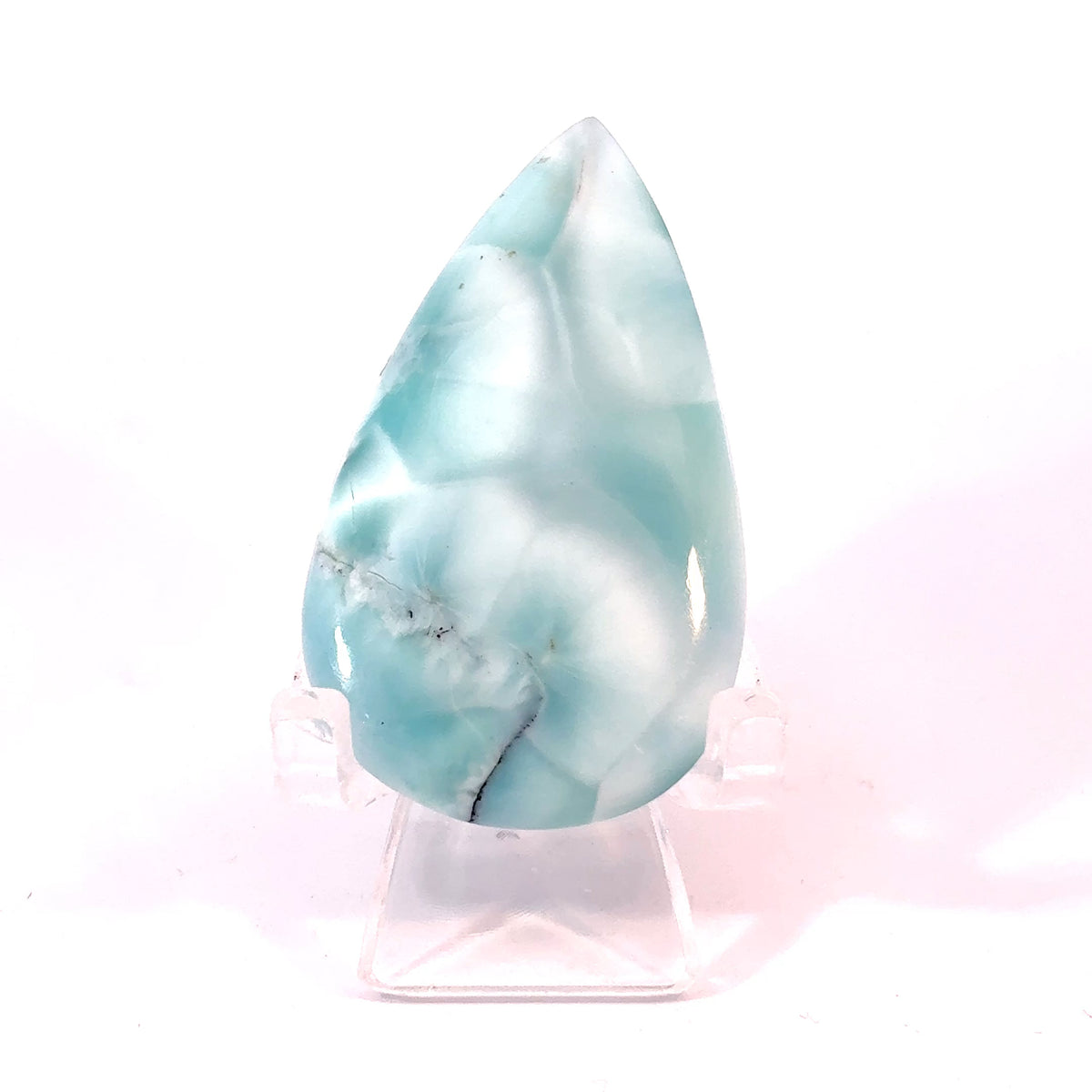 Large natural Larimar teardrop cabochon from the Dominican Republic, 10.4 grams, measuring 45 x 26 x 5 mm