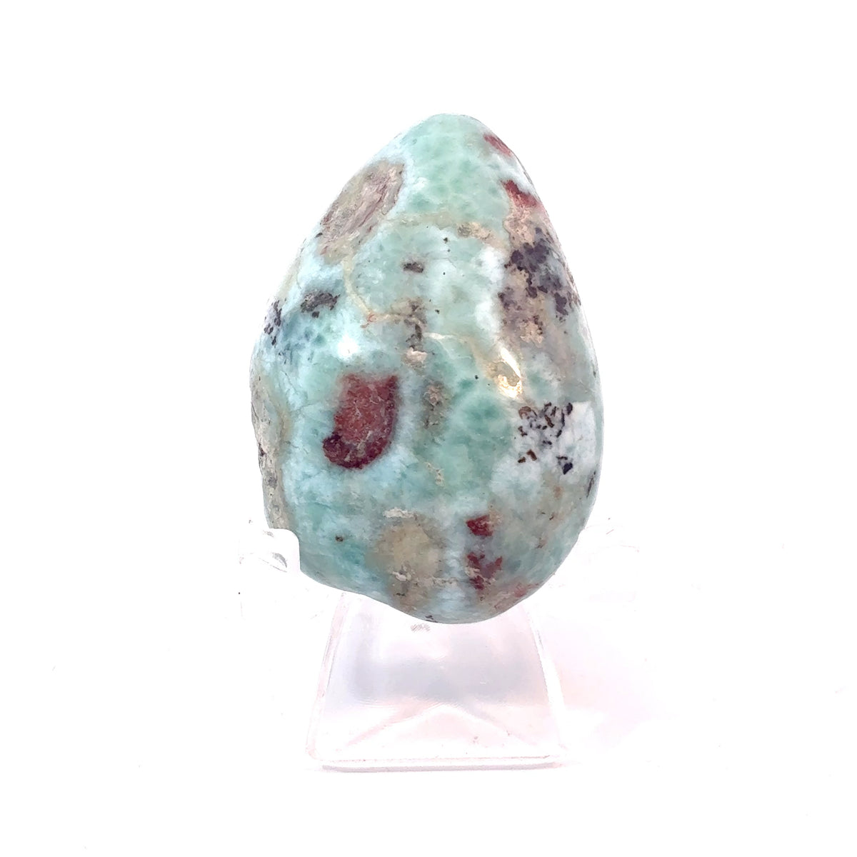 Natural Larimar freeform mini palm stone from the Dominican Republic, 29.7 grams, measuring 37 x 26 x 19 mm