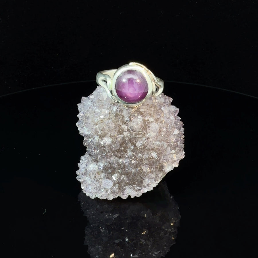 Handcrafted natural Ruby ring in sterling silver with 14K gold leaf accents, organic bezel design, artisan jewelry, size 6.
