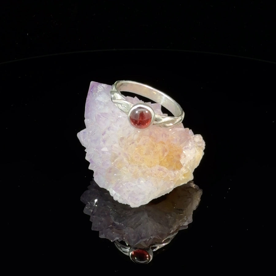Deep pink orange Garnet cabochon solitaire ring with twisted band in size 6 natural gemstone jewelry