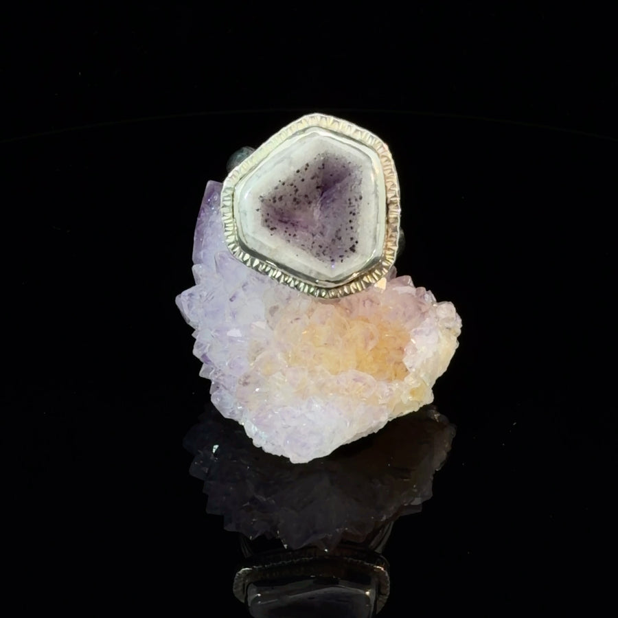 Natural Tripache Amethyst sterling silver ring with textured bezel and ornate foliate band, size 8.