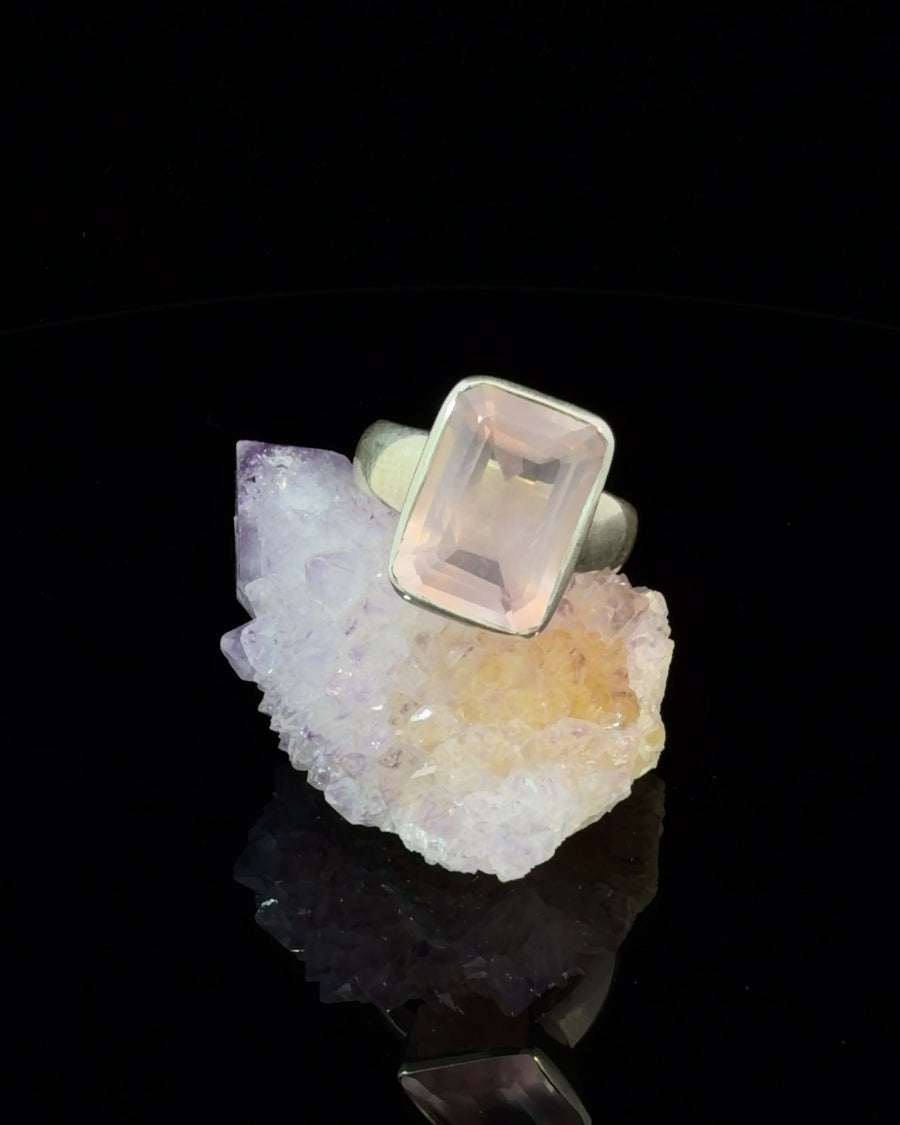 Natural faceted rectangular Rose Quartz bezel set in a modern sterling silver ring with a wide band, Size 6.