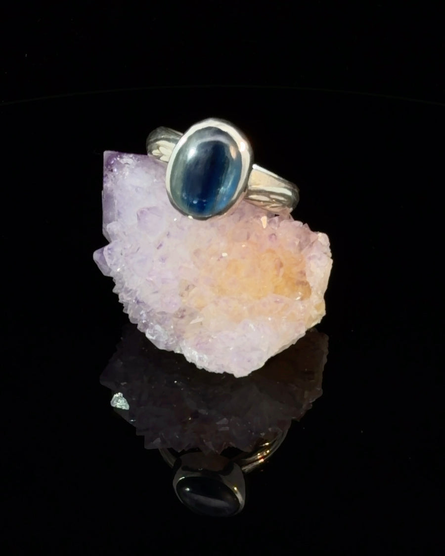 Natural Blue Kyanite cabochon solitaire ring in sterling silver with textured band and bezel setting, Size 8 handcrafted gemstone jewelry.