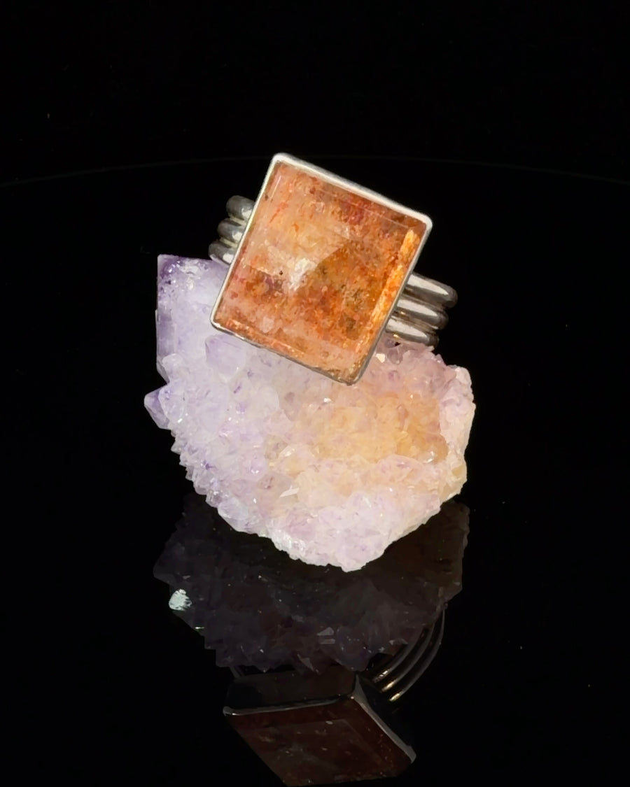 Square Tanzanian Sunstone sterling silver ring with brilliant natural flash on a solid triple half-round band, size 11 handcrafted gemstone jewelry.