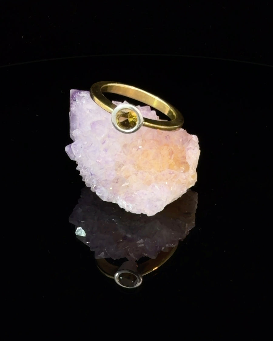 Minimalist yellow tourmaline solitaire ring featuring a genuine golden yellow bezel set gemstone on a polished brass band, size 8.