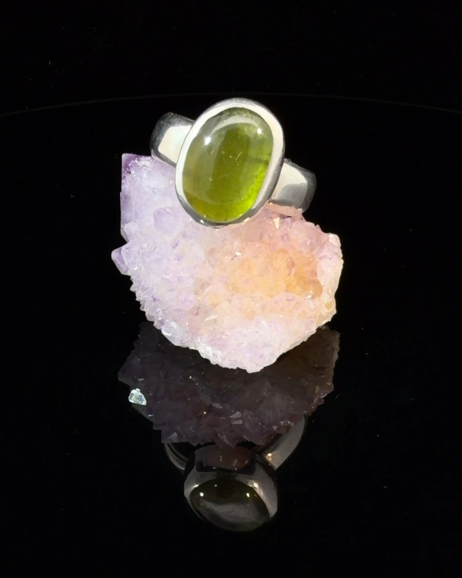 Natural green Vesuvianite oval cabochon sterling silver bezel solitaire ring size 9 handcrafted minimalist gemstone jewelry