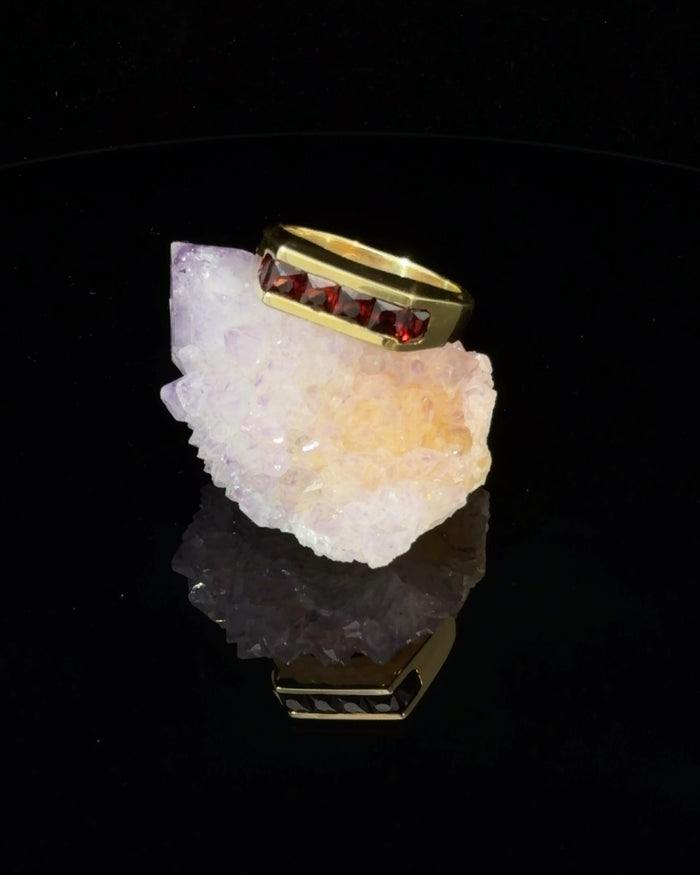 Channel Set Square Garnet Band Ring in 18K Yellow Gold