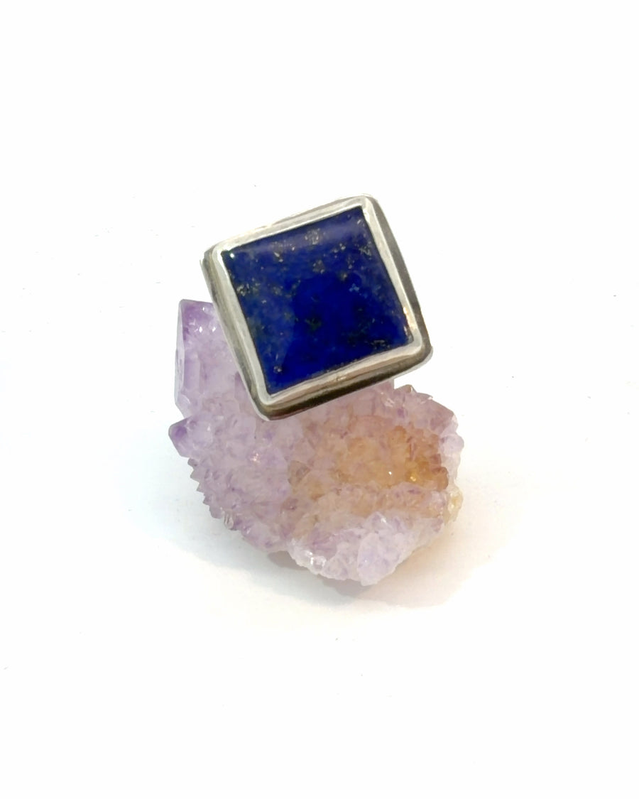 Natural square-cut Lapis Lazuli signet ring in sterling silver bezel setting featuring deep blue gemstone with natural golden pyrite inclusions, size 9.