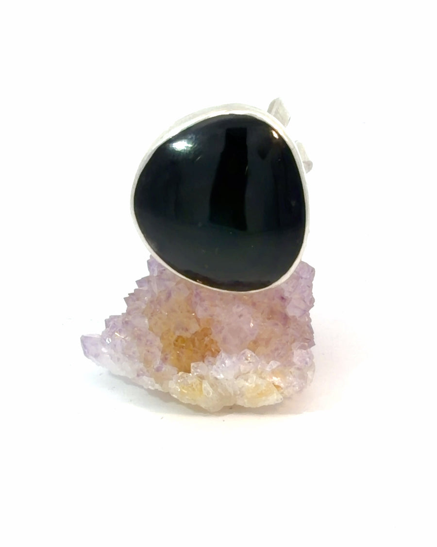 Handcrafted sterling silver size 9 ring featuring a natural Rainbow Obsidian cabochon in a flowing organic bezel setting with iridescent rainbow sheen.
Tags
