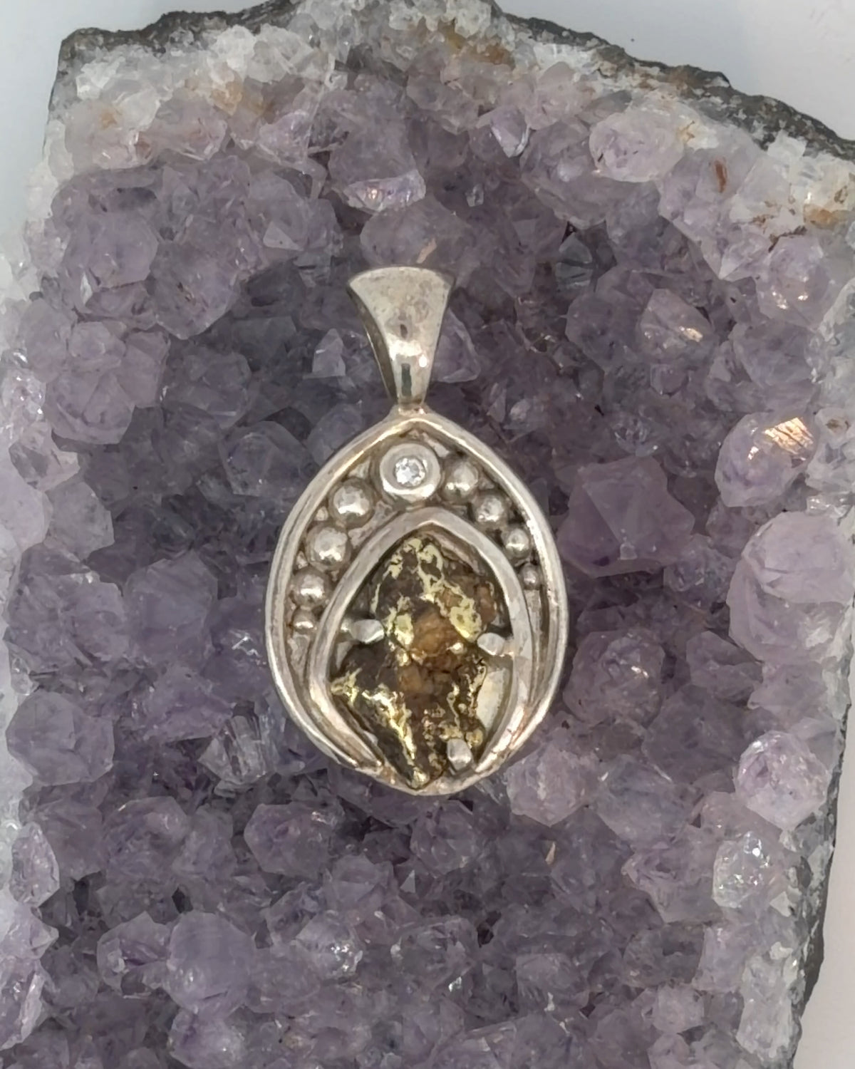 Silver Beaded Pendant with Raw Nugget and Diamond Accent