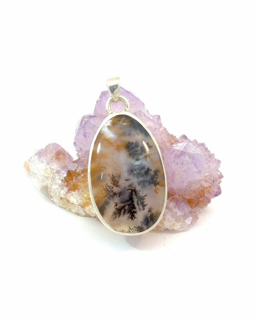 Discover a unique dendritic agate pendant set in sterling silver. Featuring natural tree-like inclusions and a polished teardrop cabochon, this one-of-a-kind gemstone pendant makes a stunning addition to any jewelry collection.