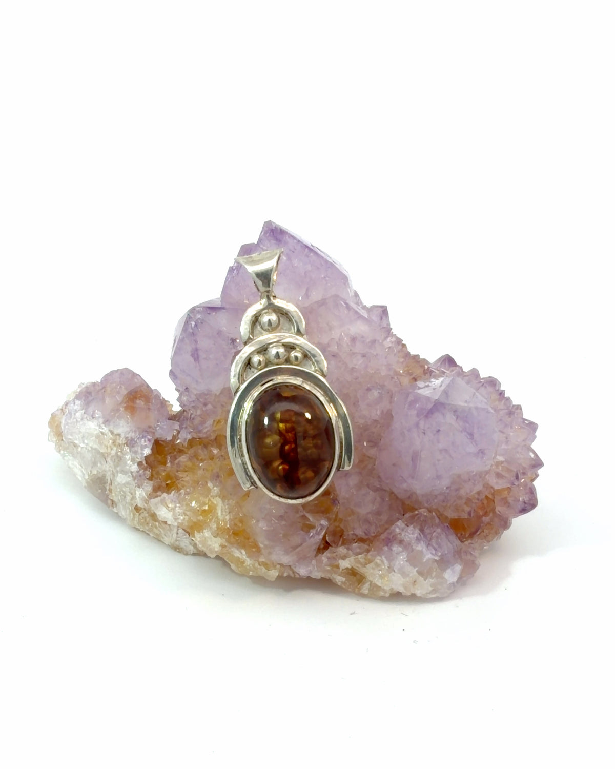 Silver Beaded Oval Fire Agate Cabochon Pendant
