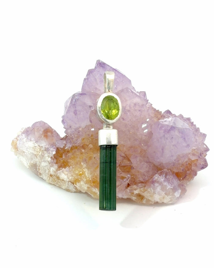 Green Tourmaline Crystal and Oval Peridot Silver Pendant