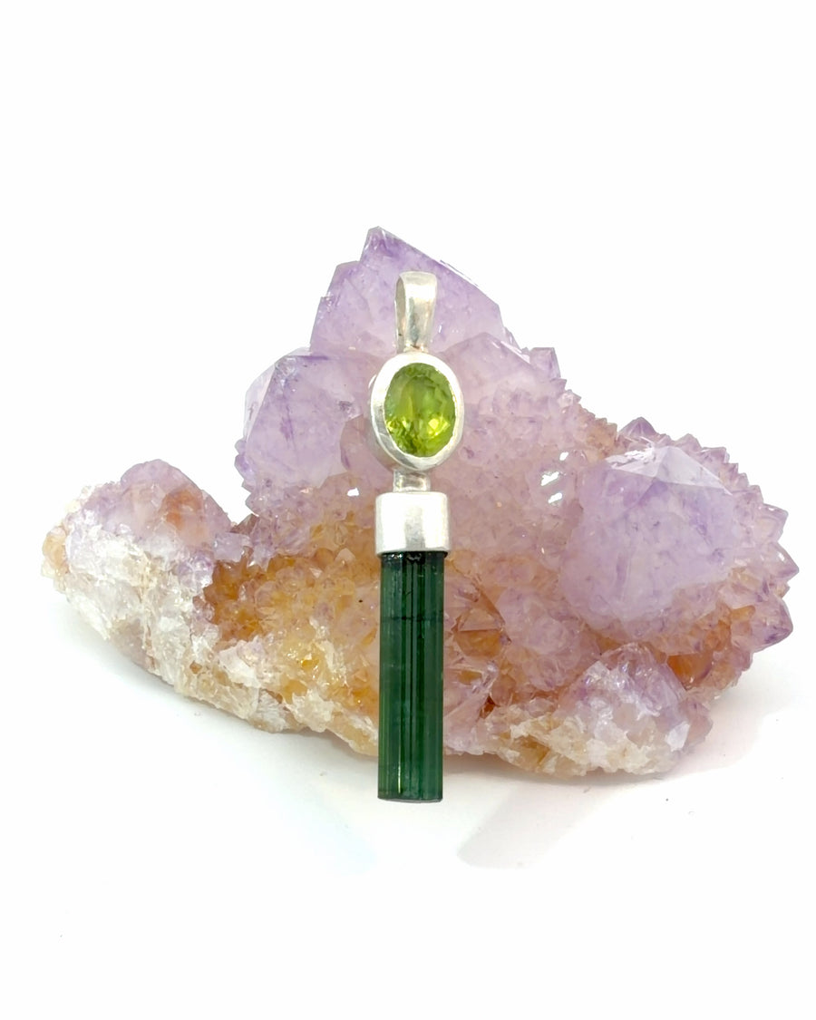Peridot & Green Tourmaline Crystal Silver Pendant | Natural Gemstone Jewelry