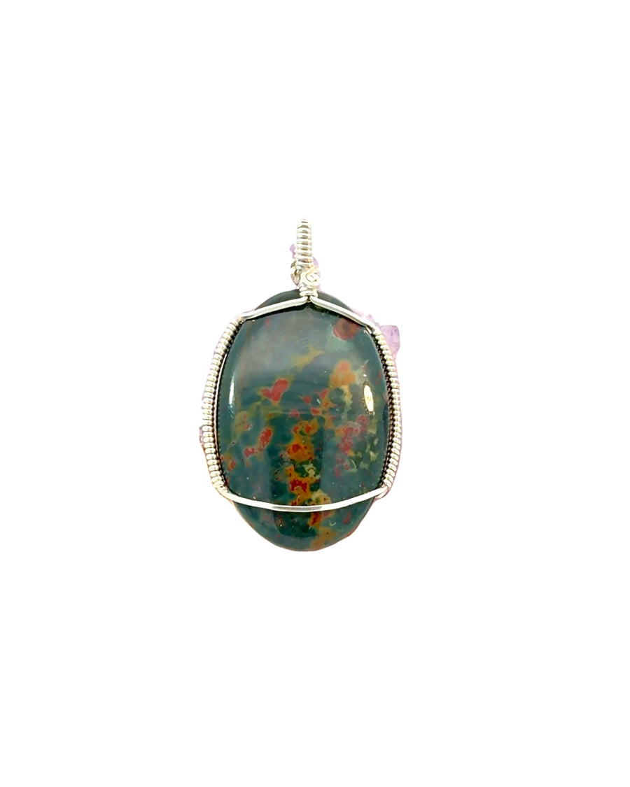 Wire-Wrapped Oval blood stone Pendant in Silver