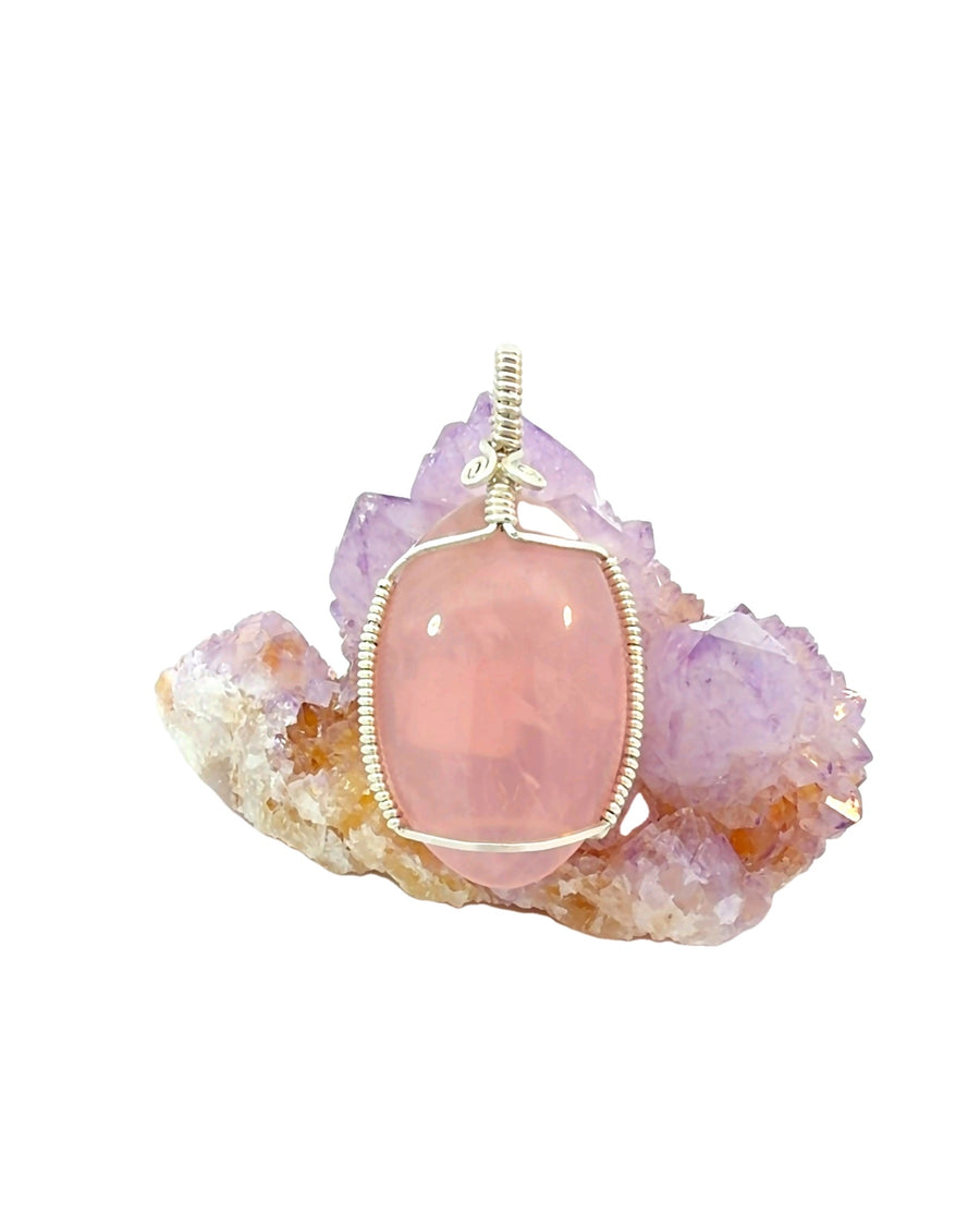 Silver Wire-Wrapped Rose Quartz Cabochon Pendant
