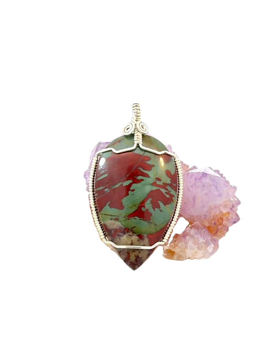 Silver Wire-Wrapped Red and Green Jasper Pendant