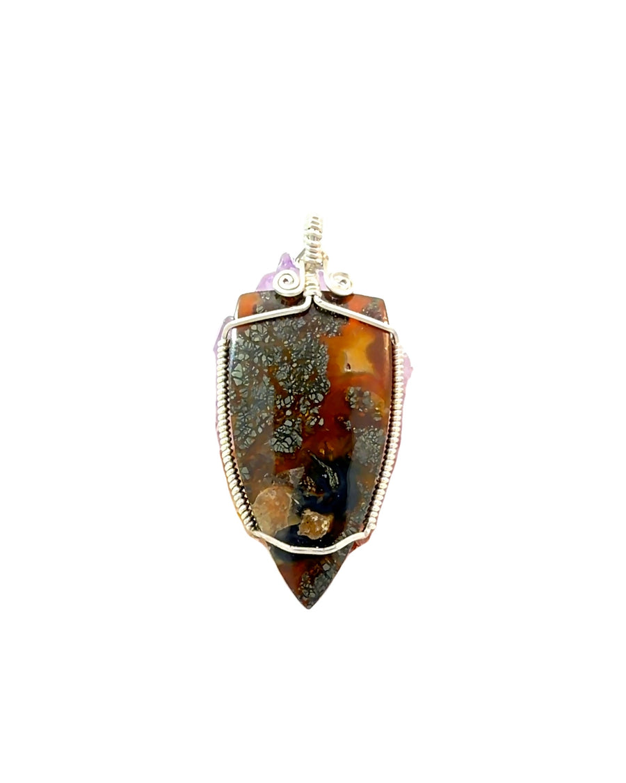 Wire-Wrapped Plume Agate Shield Pendant in Silver
