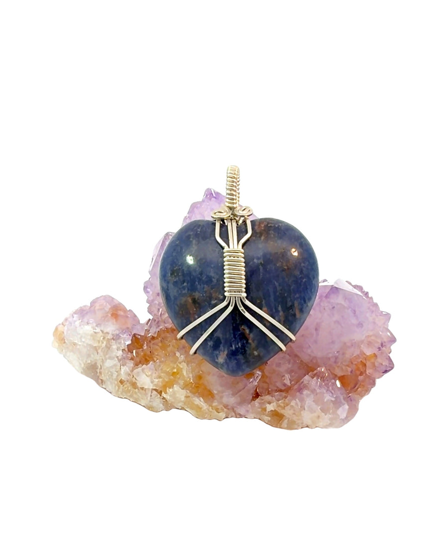 Heart-Shaped Lapis Lazuli Wire-Wrapped Pendant in Silver