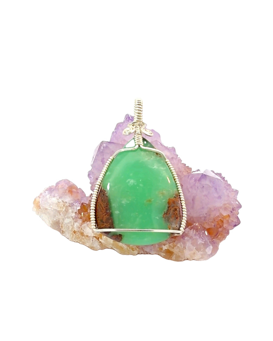 Wire-Wrapped Chrysophrase Teardrop Pendant in Silver