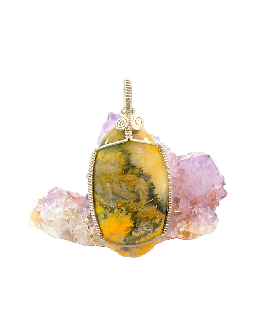 Wire-Wrapped Oval Bumblebee jasper Pendant in Silver
