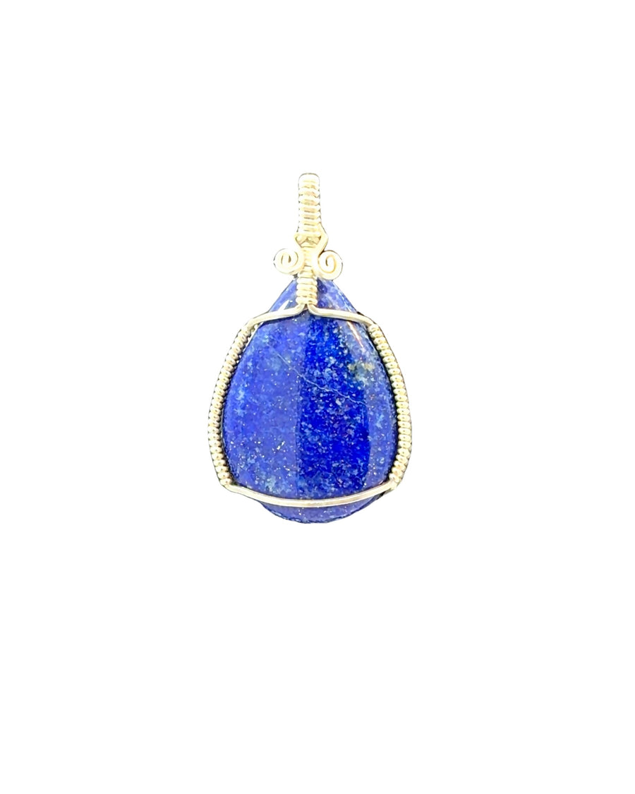 Wire-Wrapped Pear-Shaped Lapis Lazuli Pendant in Silver