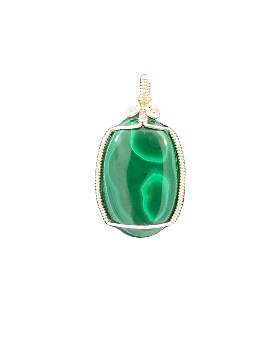 Wire-Wrapped Oval Malachite Pendant in Silver