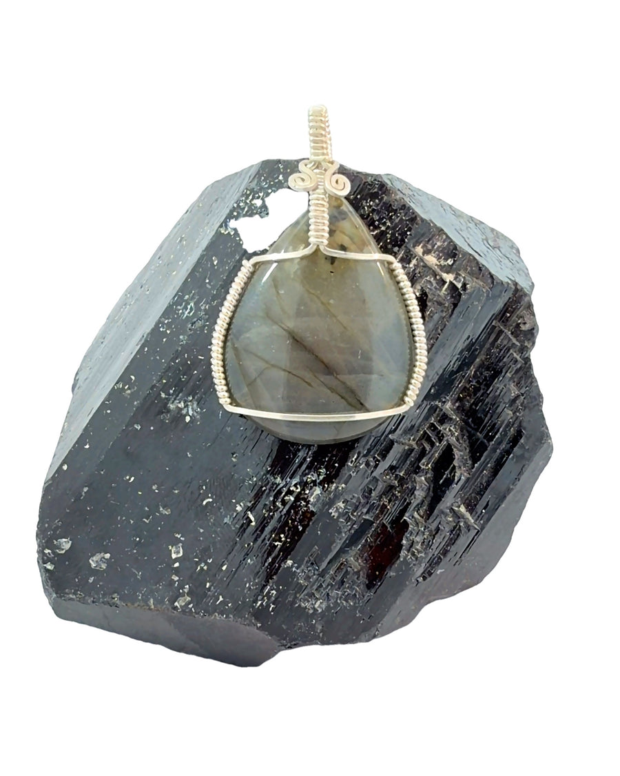 Silver Wire-Wrapped Labradorite Teardrop Pendant