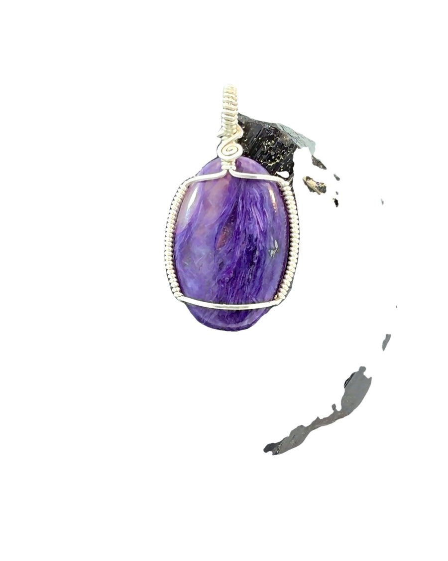 Wire-Wrapped Charoite Oval Pendant in Silver