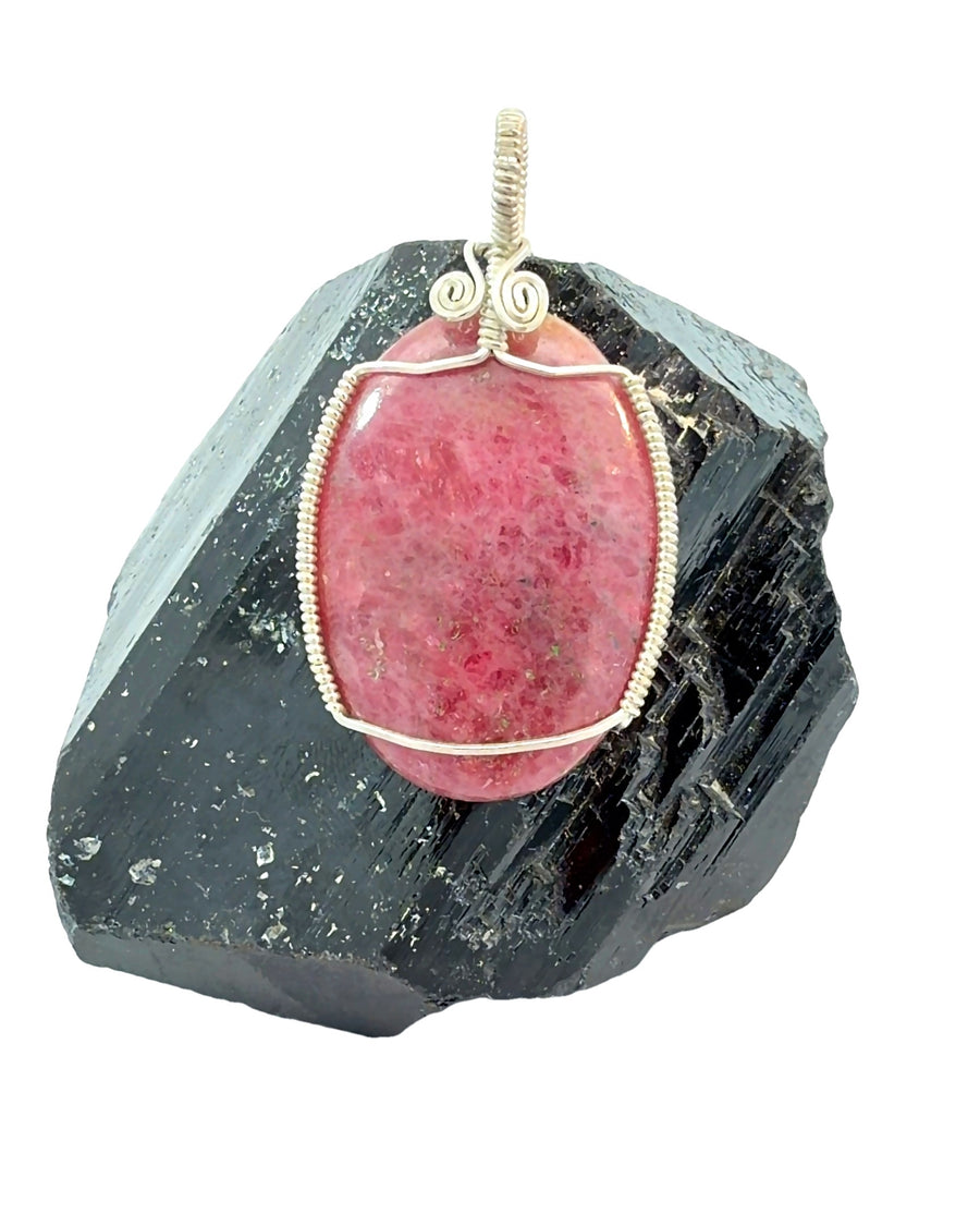 Wire-Wrapped Oval Rhodonite Cabochon Pendant in Silver