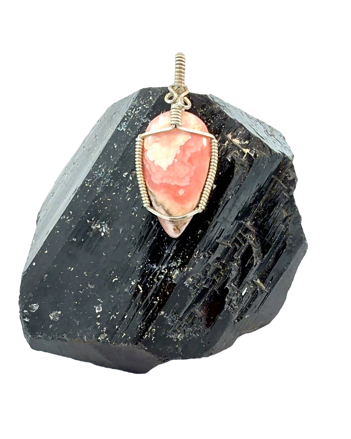Silver Wire-Wrapped Rhodochrosite Teardrop Pendant