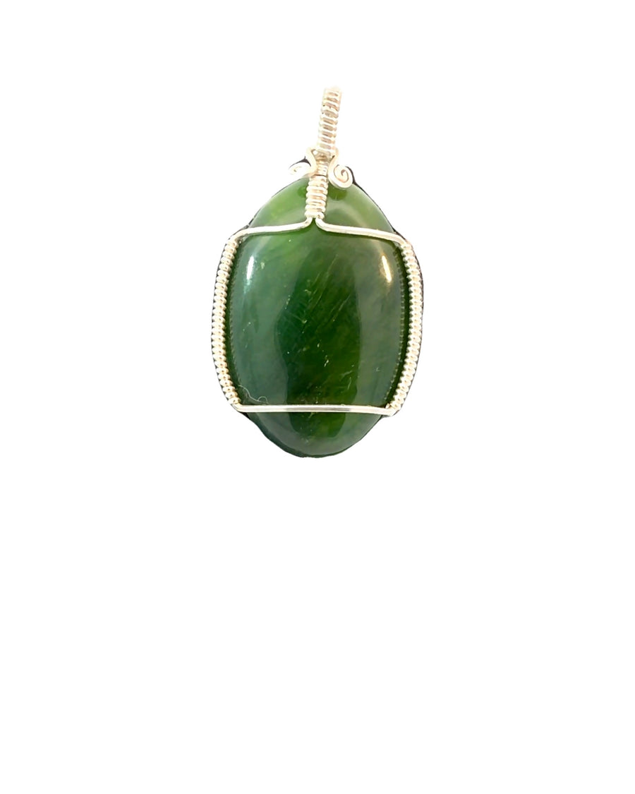 Wire-Wrapped Oval Green Jade Pendant in Silver