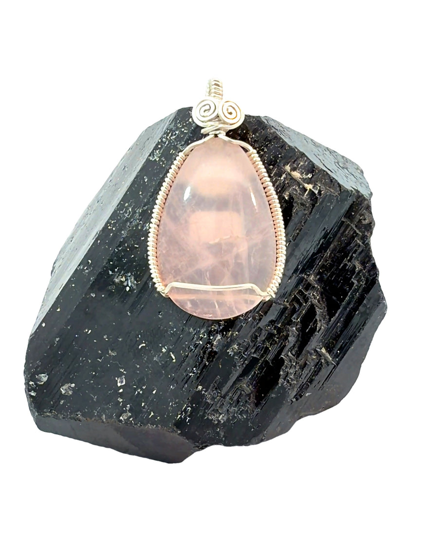 Pear-Shaped Rose Quartz Wire-Wrapped Silver Pendant