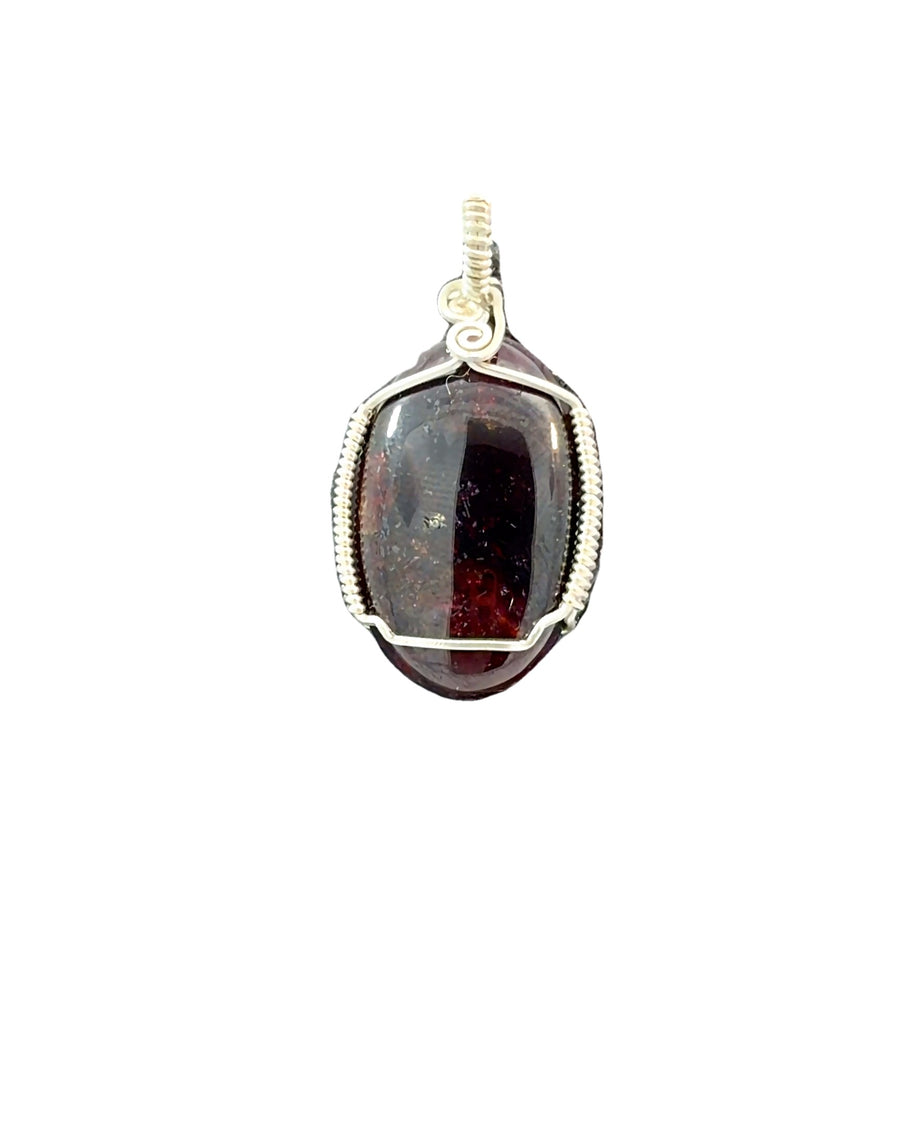 Wire-Wrapped Garnet Cabochon Pendant in Silver