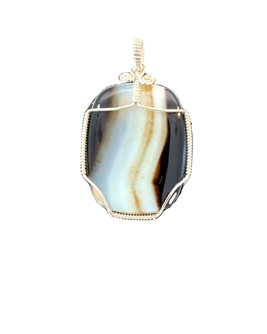 Silver Wire-Wrapped Banded Agate Pendant