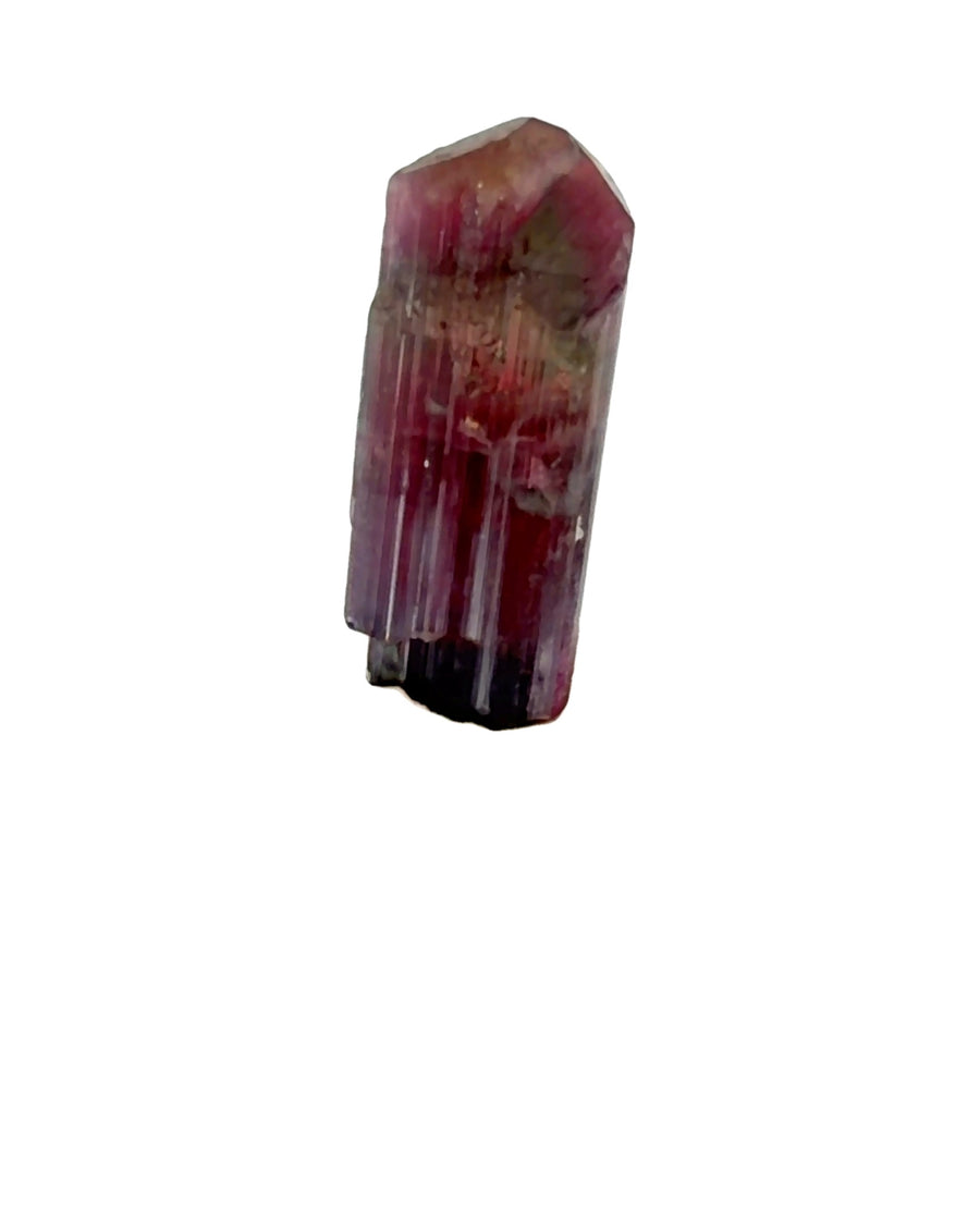 Natural raw red pink Tourmaline crystal mineral specimen on clear acrylic display stand with deep reddish-pink crystal formations, 12.0 grams.