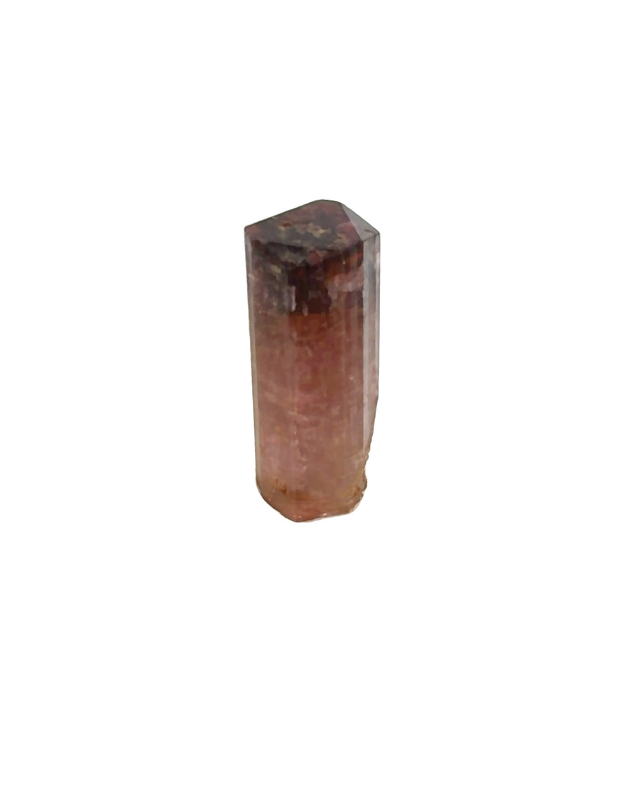 Natural Rubellite Tourmaline crystal displaying a pinkish-brown base that transitions to a deep red tip with natural vertical striations on a clear display stand.