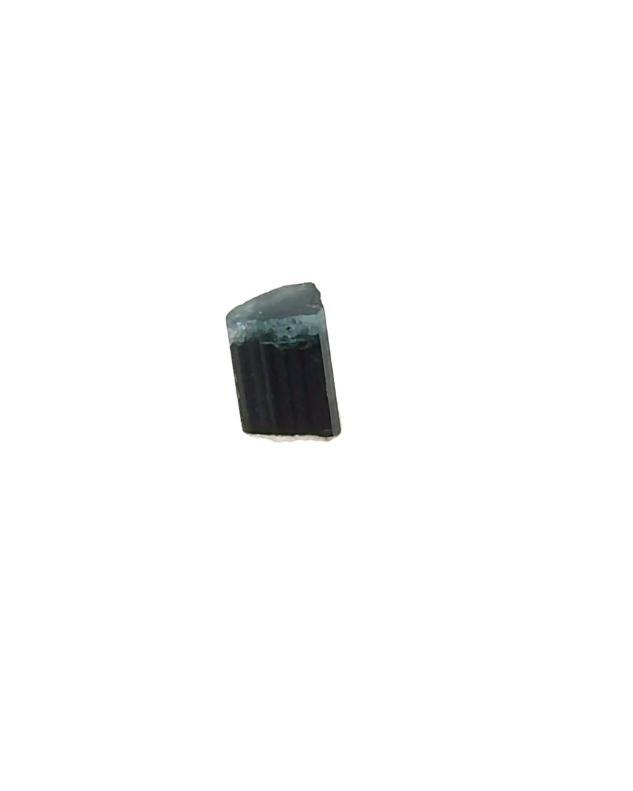 Natural blue-green Tourmaline crystal specimen with terminated columnar crystal structure displaying dark to translucent blue-green color zoning on an acrylic display stand.